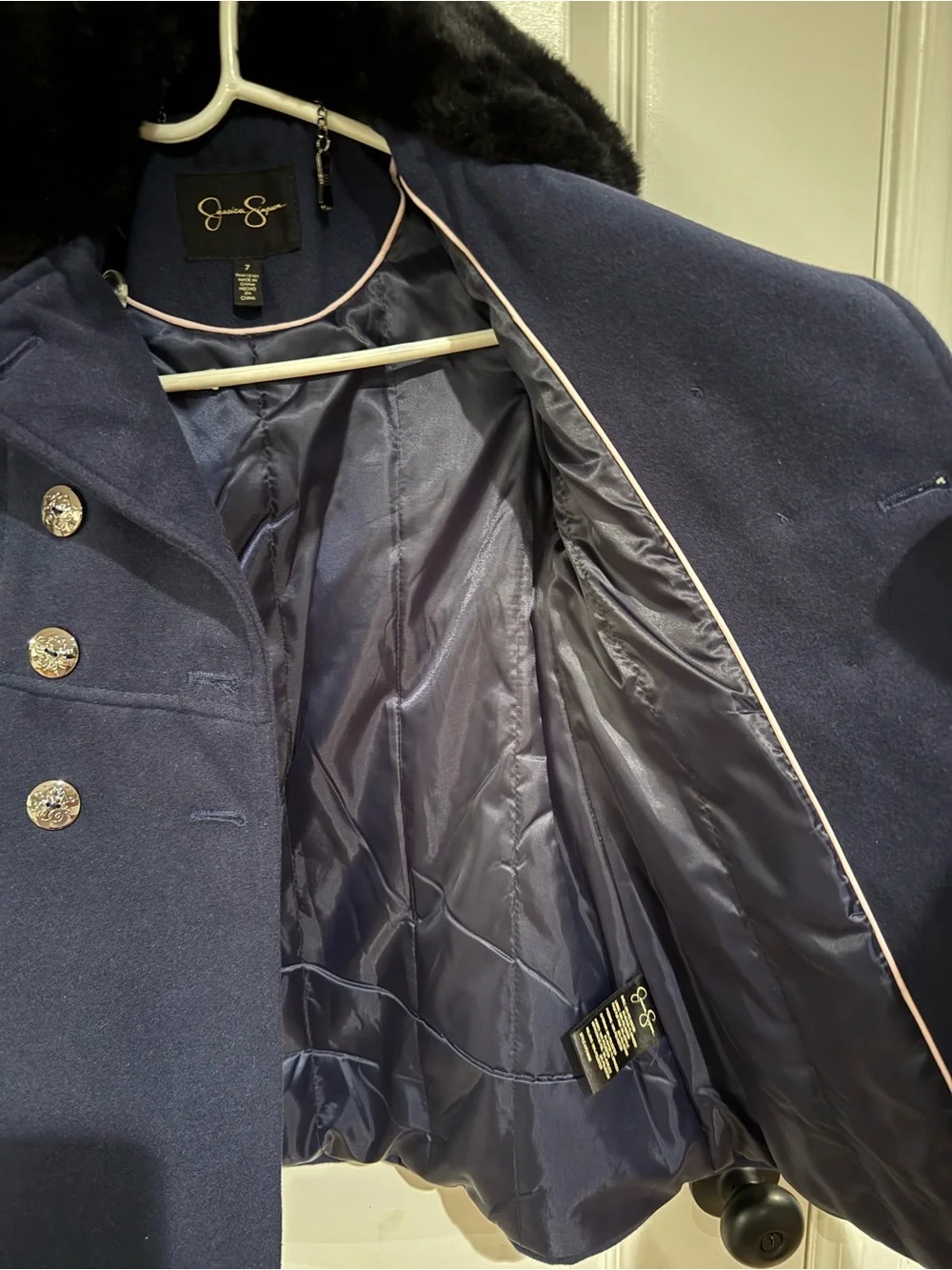 Jessica Simpson Navy Pea Coat with Black Faux-Fur Collar